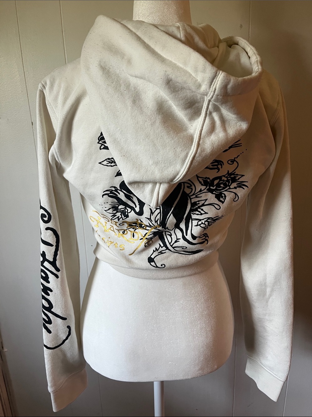 Ed Hardy Cream Zip Hoodie with Black Panther and Gold Script - Picture 3 of 5